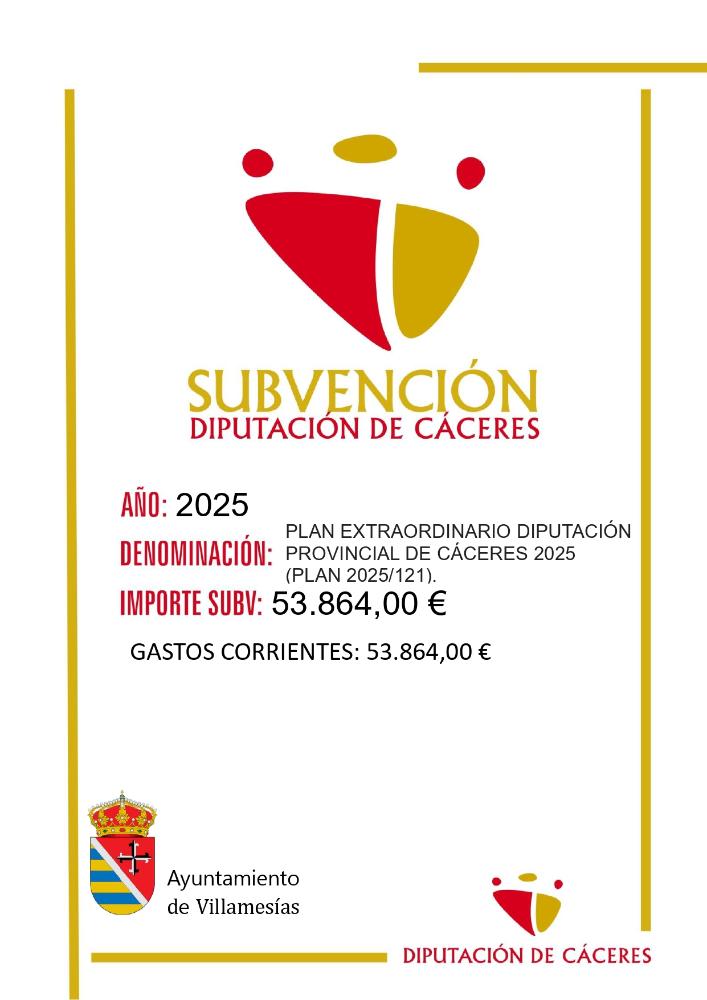 Imagen SUBVENCIONES - PLAN EXTRAORDINARIO DIPUTACIÓN PROVINCIAL DE CÁCERES 2025 (PLAN 2025/121).